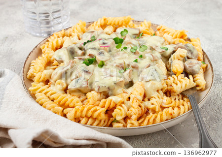 fusilli pasta, with champignons, in creamy garlic sauce, with herbs and spices, sauce, no people, fusilli pasta, with champignons, in creamy garlic sauce, with herbs and spices, sauce, no people, 136962977