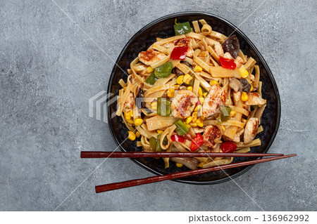 fried noodles with chicken meat and vegetables, Bami Goreng, Indonesian dish, no people, 136962992