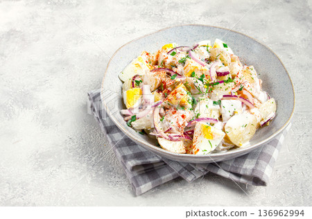 potato and egg salad, red onion, with mayonnaise, homemade, no people, potato and egg salad, red onion, with mayonnaise, homemade, no people, 136962994