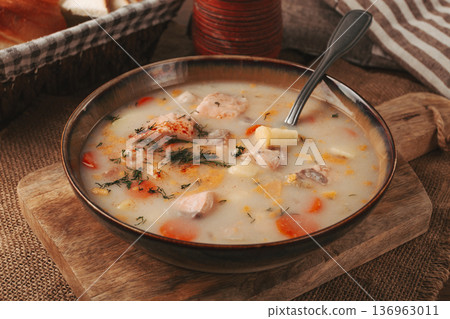 Finnish fish soup, lohikeito soup, creamy fish soup, rustic style Finnish fish soup, lohikeito soup, creamy fish soup, rustic style 136963011
