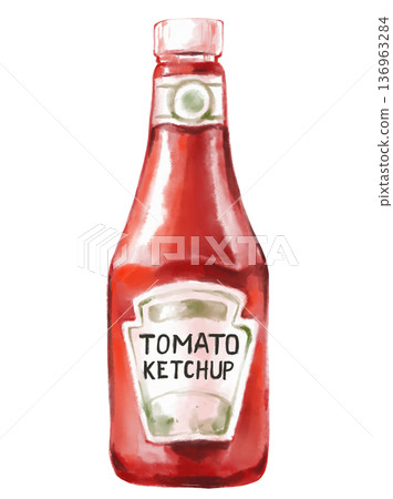 Tomato sauce Ketchup in glass bottle watercolor painting illustartion food condiment art 136963284