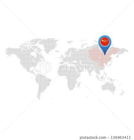 Minimalist square shape dotted world map with map pointer and china flag on white background 136963411