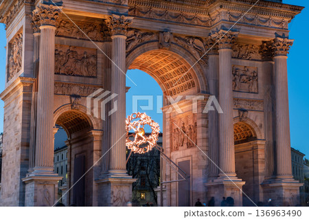 The Milano Cortina winter olympic games flame in Milan, Italy. 136963490