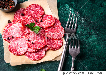 Sliced spicy tasty salami sausage 136963580