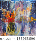 Autumn leaves in vibrant vase painted in expressive mixed media with splashes, textures, and flowing lines. Concept of autumn mood, seasonal nostalgia, inner transformation awareness 136963690