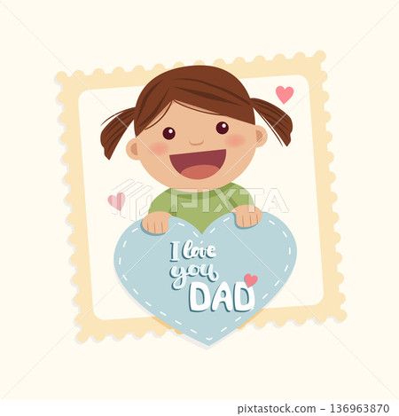 A girl holds a heart with the text I love you dad. Fathers Day A girl holds a heart with the text I love you dad. Fathers Day 136963870