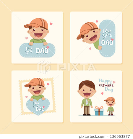 Set of illustrations of a boy congratulating his father on Fathers Day Set of illustrations of a boy congratulating his father on Fathers Day 136963877