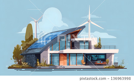 Smart home with solar panels, wind turbine, and energy system. 136963998