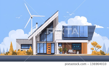 Smart home with solar panels, wind turbine, and energy system. 136964010