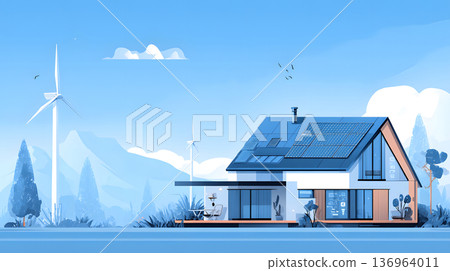 Smart home with solar panels, wind turbine, and energy system. 136964011