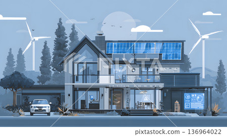 Smart home with solar panels, wind turbine, and energy system. 136964022