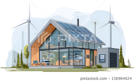 Smart home with solar panels, wind turbine, and energy system. 136964024