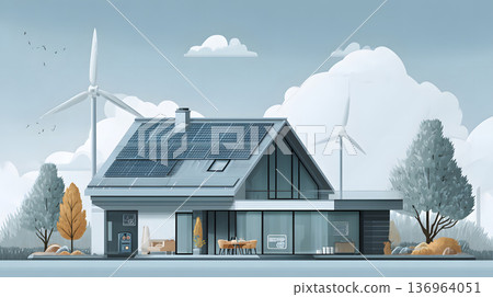 Smart home with solar panels, wind turbine, and energy system. 136964051