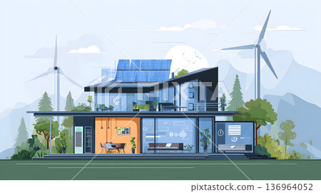 Smart home with solar panels, wind turbine, and energy system. 136964052