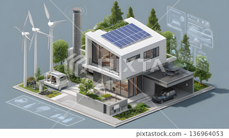 Smart home with solar panels, wind turbine, and energy system. 136964053