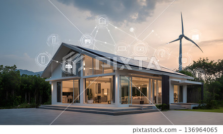 Smart home with solar panels, wind turbine, and energy system. 136964065