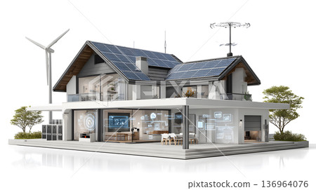 Smart home with solar panels, wind turbine, and energy system. 136964076