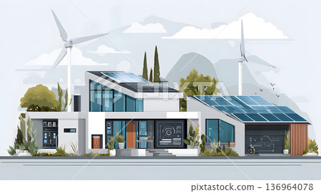 Smart home with solar panels, wind turbine, and energy system. 136964078