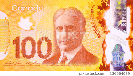 Business to financial use of Canada one hundred cash dollars, Canadian currency money front side Business to financial use of Canada one hundred cash dollars, Canadian currency money front side 136964089