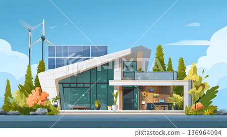 Smart home with solar panels, wind turbine, and energy system. 136964094