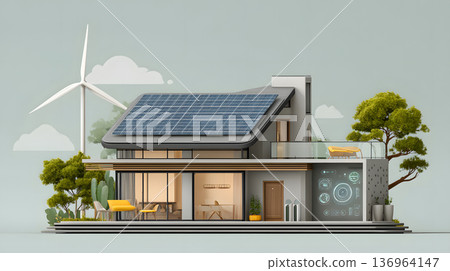 Smart home with solar panels, wind turbine, and energy system. 136964147