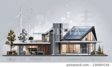 Smart home with solar panels, wind turbine, and energy system. 136964148