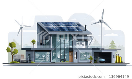 Smart home with solar panels, wind turbine, and energy system. 136964149