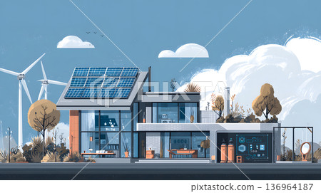 Smart home with solar panels, wind turbine, and energy system. 136964187