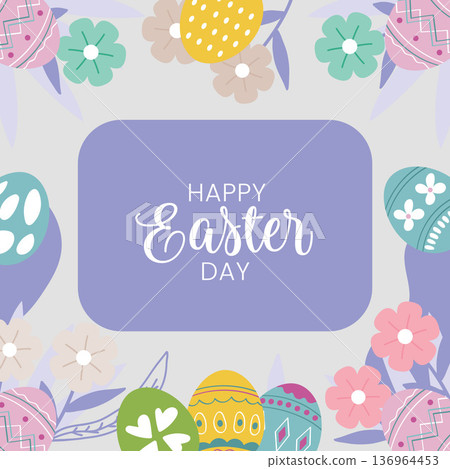 Happy Easter Day Pastel Flowers and Eggs Greeting isolated on purple background 136964453