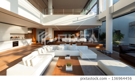 Open plan layout combining living, dining, and kitchen areas. Open plan layout combining living, dining, and kitchen areas. 136964456