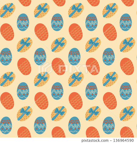Seamless pattern with easter egg and gift bow on beige background. Festive spring ornament for holiday wrapping paper and textile concept Seamless pattern with easter egg and gift bow on beige background. Festive spring ornament for holiday wrapping paper and textile concept 136964590