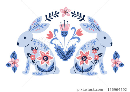 Folk easter composition with rabbit and floral ornament in symmetrical arrangement. Traditional spring illustration for holiday greeting card and decoration concept Folk easter composition with rabbit and floral ornament in symmetrical arrangement. Traditional spring illustration for holiday greeting card and decoration concept 136964592