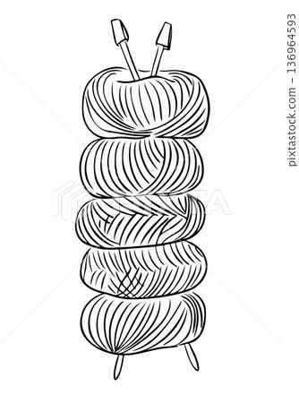 Stack of yarn ball with knitting needle in hand drawn outline style. Craft hobby illustration for knitting handmade and creativity concept Stack of yarn ball with knitting needle in hand drawn outline style. Craft hobby illustration for knitting handmade and creativity concept 136964593