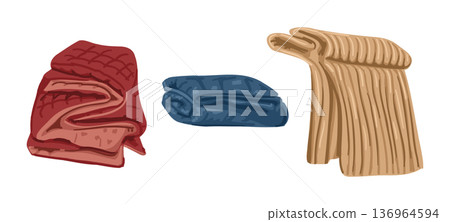 Set of folded blanket and plaid in different color isolated on white background. Home textile collection for comfort interior and cozy lifestyle concept Set of folded blanket and plaid in different color isolated on white background. Home textile collection for comfort interior and cozy lifestyle concept 136964594