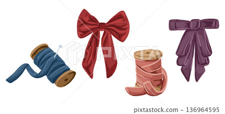 Set of ribbon spool and bow in different color isolated on white background. Sewing accessory collection for craft decoration and handmade concept 136964595