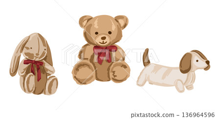 Set of teddy bear bunny and dog plush toy with ribbon isolated on white background. Cute childhood collection for nursery decor and comfort concept Set of teddy bear bunny and dog plush toy with ribbon isolated on white background. Cute childhood collection for nursery decor and comfort concept 136964596