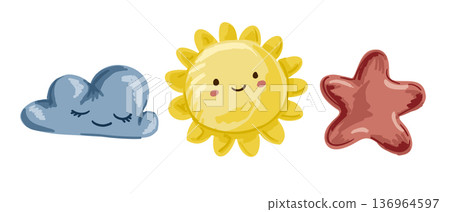 Set of sun cloud and star plush toy isolated on white background. Cute nursery illustration for childhood imagination and weather concept Set of sun cloud and star plush toy isolated on white background. Cute nursery illustration for childhood imagination and weather concept 136964597