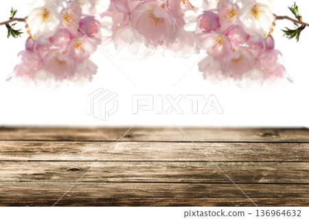 Rustic wooden surface with cherry blossoms, spring floral background 136964632