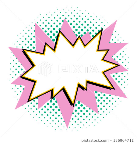 Comic starburst shape with blank center, pink burst layers and green halftone dots in retro pop art vector style. Starburst shape empty burst sticker for text labels and promo banners Comic starburst shape with blank center, pink burst layers and green halftone dots in retro pop art vector style. Starburst shape empty burst sticker for text labels and promo banners 136964711