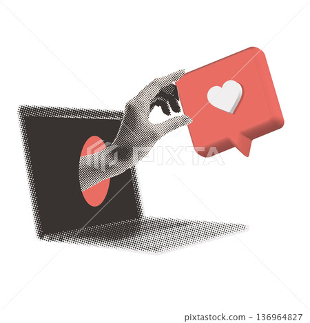 Surreal pop art collage of halftone hand emerging from laptop screen holding a 3D heart like icon. Bold metaphor for digital engagement, online influence and social media blogging content. Vector Surreal pop art collage of halftone hand emerging from laptop screen holding a 3D heart like icon. Bold metaphor for digital engagement, online influence and social media blogging content. Vector 136964827
