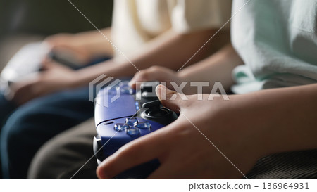 Young Boys Presses Buttons, Using Joypad Controller, Wireless Gamepad. Hobby. Young Boys Presses Buttons, Using Joypad Controller, Wireless Gamepad. Hobby. 136964931