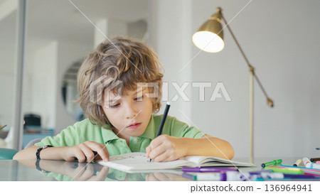 Portrait of Young Boy Artist Drawing in Sketchbook with Passion and Focus 136964941