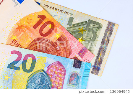 Wide range of euro cash banknotes, currency European money bills can be used for business purposes Wide range of euro cash banknotes, currency European money bills can be used for business purposes 136964945