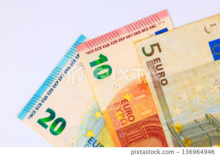 There are variety of euro cash banknotes, currency euro money bills used for business transactions. There are variety of euro cash banknotes, currency euro money bills used for business transactions. 136964946