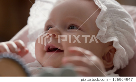 Newborn Baby Girl Lying In Pink Bouncer. Daughter Smiling, Furniture For Infants  136964947