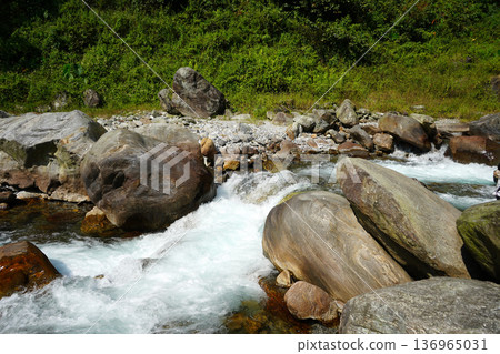 Fast flowing mountain river rushing over large boulders in a lush green valley 136965031