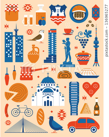 Travel Belgrade Vintage Poster with Serbia Icons 136965277