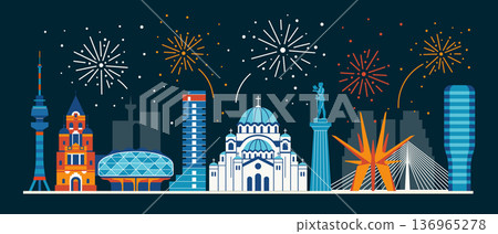 Festive Belgrade Skyline with Serbian Landmarks Festive Belgrade Skyline with Serbian Landmarks 136965278