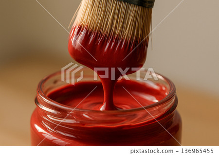 Close Up Of Paint Brush Dipping Into Red Paint Jar 136965455