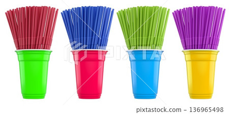 Multiple colorful plastic straws arranged in plastic cups isolated on white background, symbolizing party beverages Multiple colorful plastic straws arranged in plastic cups isolated on white background, symbolizing party beverages 136965498